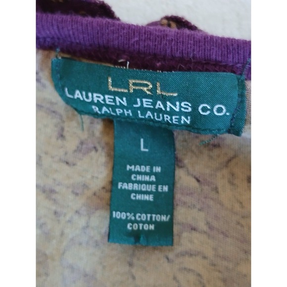 Ralph LAUREN JEANS CO Top Women L Purple Paisley Rufffle Tie Neck Short Sleeve - Picture 15 of 15